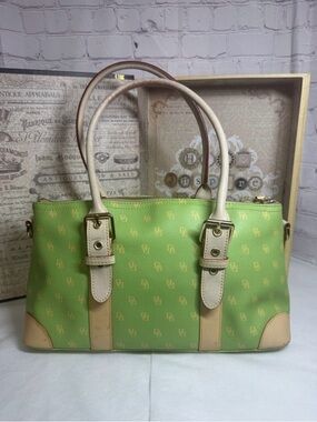 Dooney and Burke Green Patterned Satchel Handbag with Cream Trim